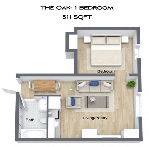 Floor plan for 1 bed, 1 bath, 511 sqft
